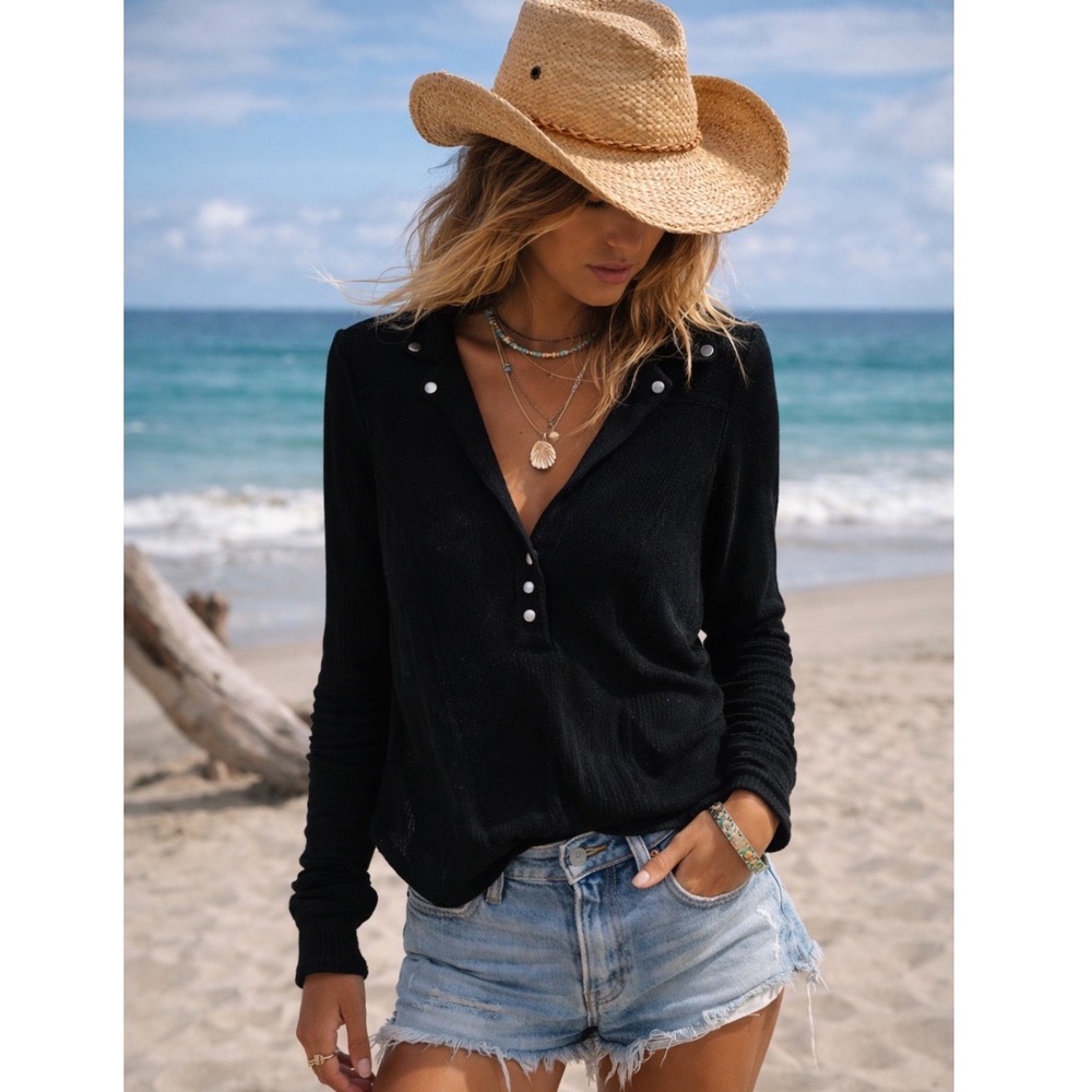 Free People Black Knit Long Sleeve Henley Womens Size Small Button Boho Sweater